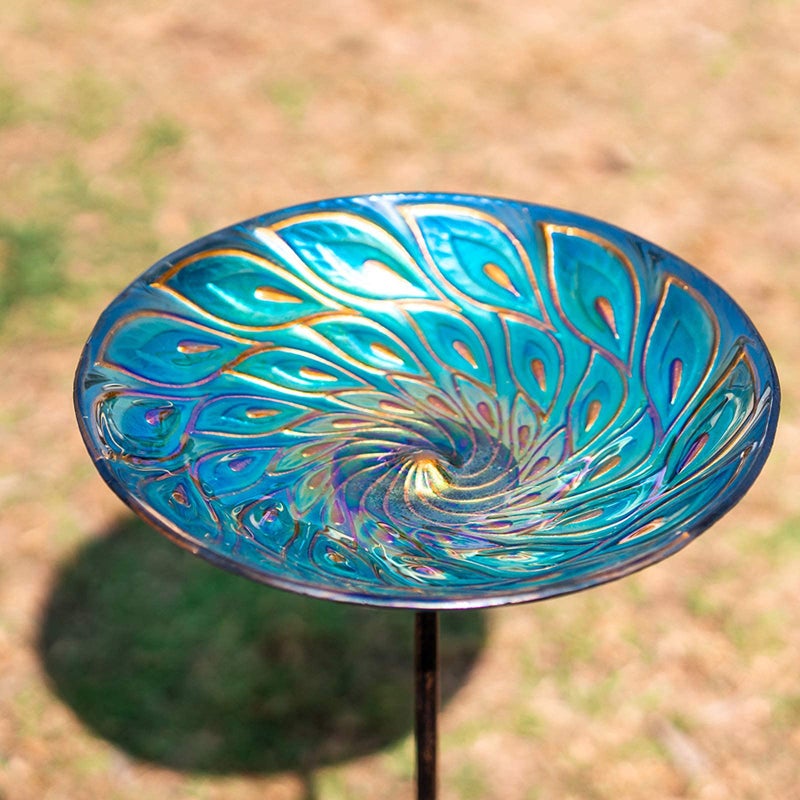 MUMTOP Glass Bird Bath, Garden Outdoor Birdbaths Birdfeeder with Metal Stake Peacock - Image 3